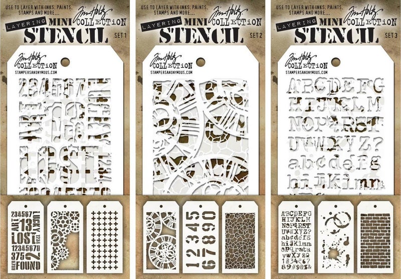 Tim Holtz - Nine Mini Layering Stencils - Industrial, Gears, Plus, Clockwork, Numbered, Crackle, Typo, Splatters and Bricked - aka sets 1, 2 & 3